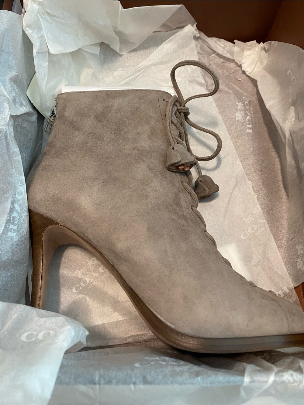 Coach Taupe Suede Lace-Up Ankle Bootie